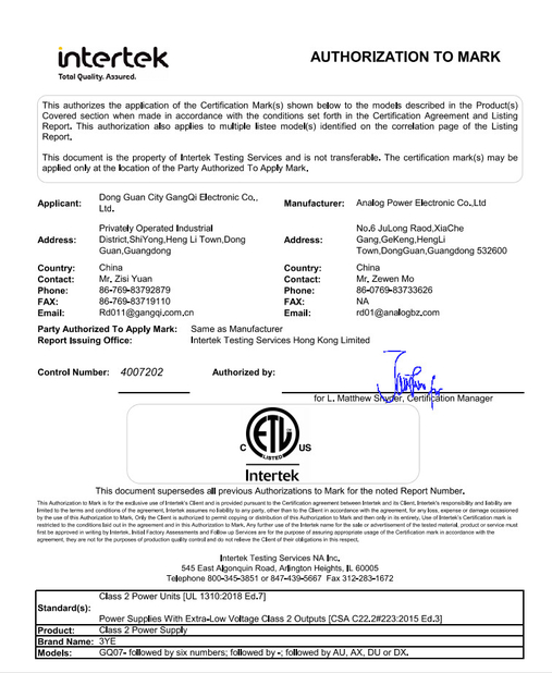 Chiny Dongguan Analog Power Electronic Co., Ltd Certyfikaty